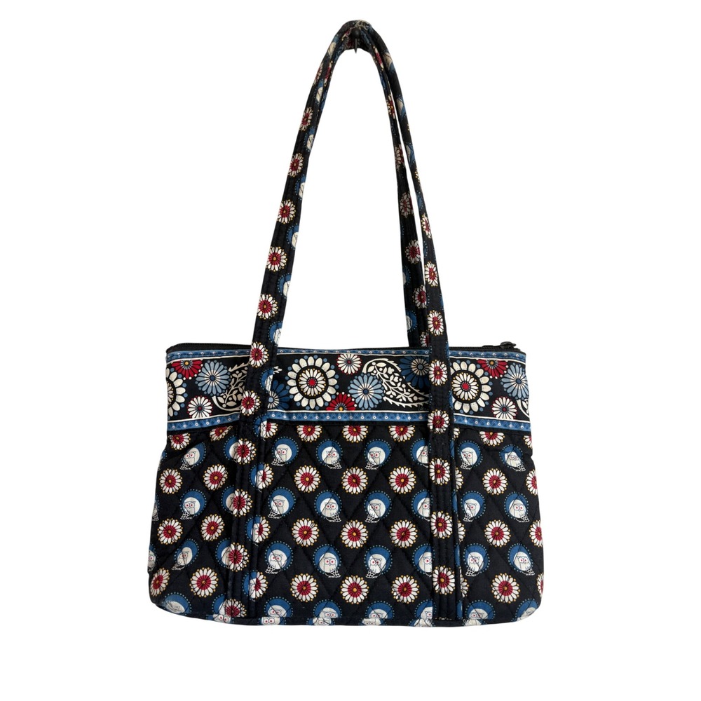 Vera Bradley Night Owl Quilted Cotton Shoulder Bag Black Blue Floral Purse